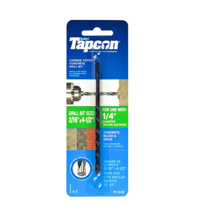 Tapcon Masonry Steel Carbide Tip Drill Bit 3/16x4-1/2