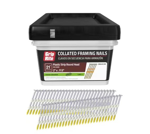 [GR04HG1M] Grip Rite Plastic Collated Ring Shank Nail 21 Degree 2x0.133 1000ct